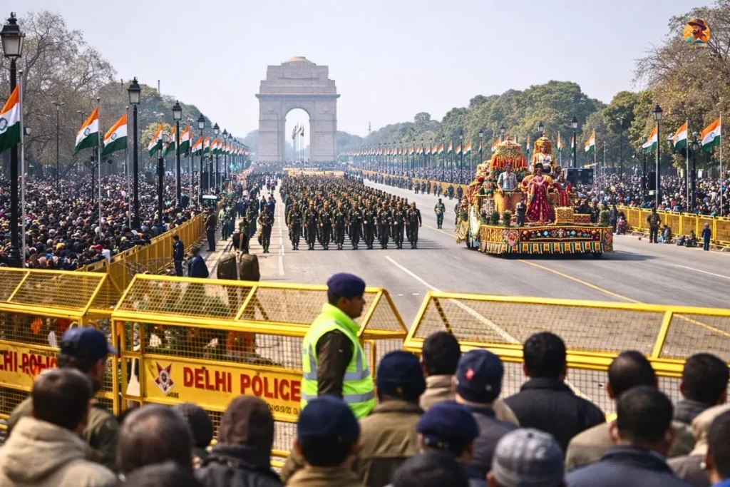 Republic Day parade at Kartavya Path with soldiers and crowds in Delhi