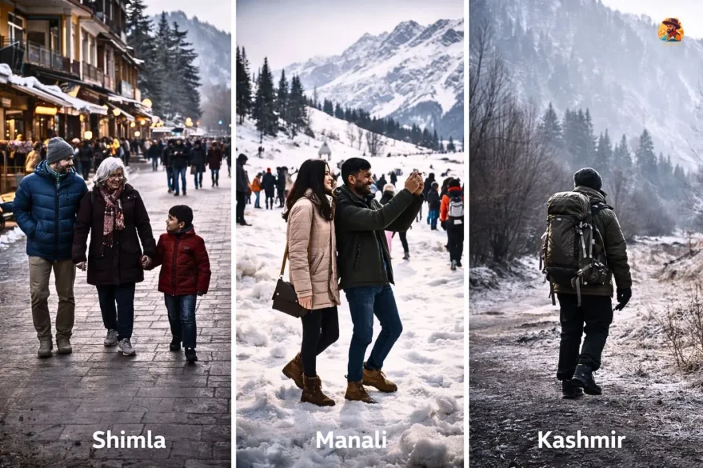 Shimla, Manali, or Kashmir winter travel choice based on family, snow, adventure, and budget