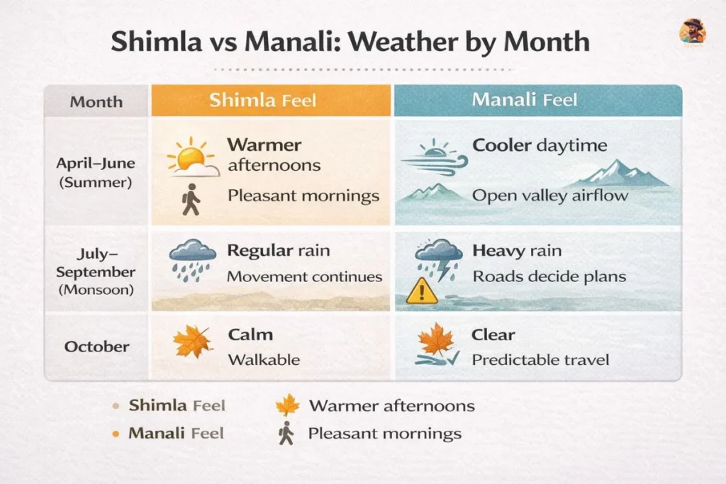 Shimla vs Manali weather comparison by month