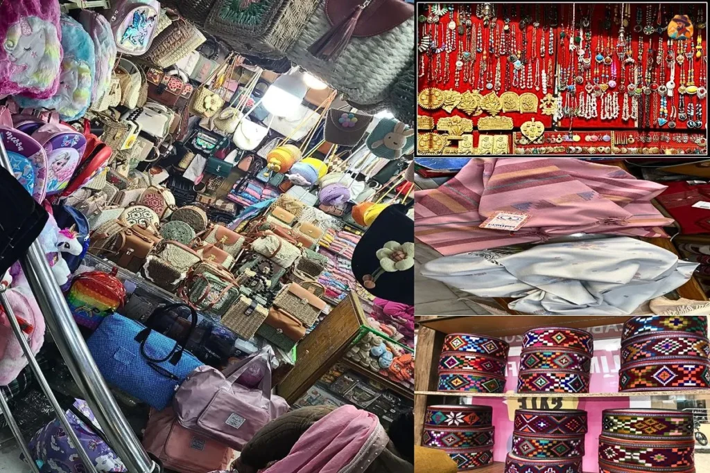 Women shopping for shawls, jewellery, winter bags, and handicrafts at local markets in Manali