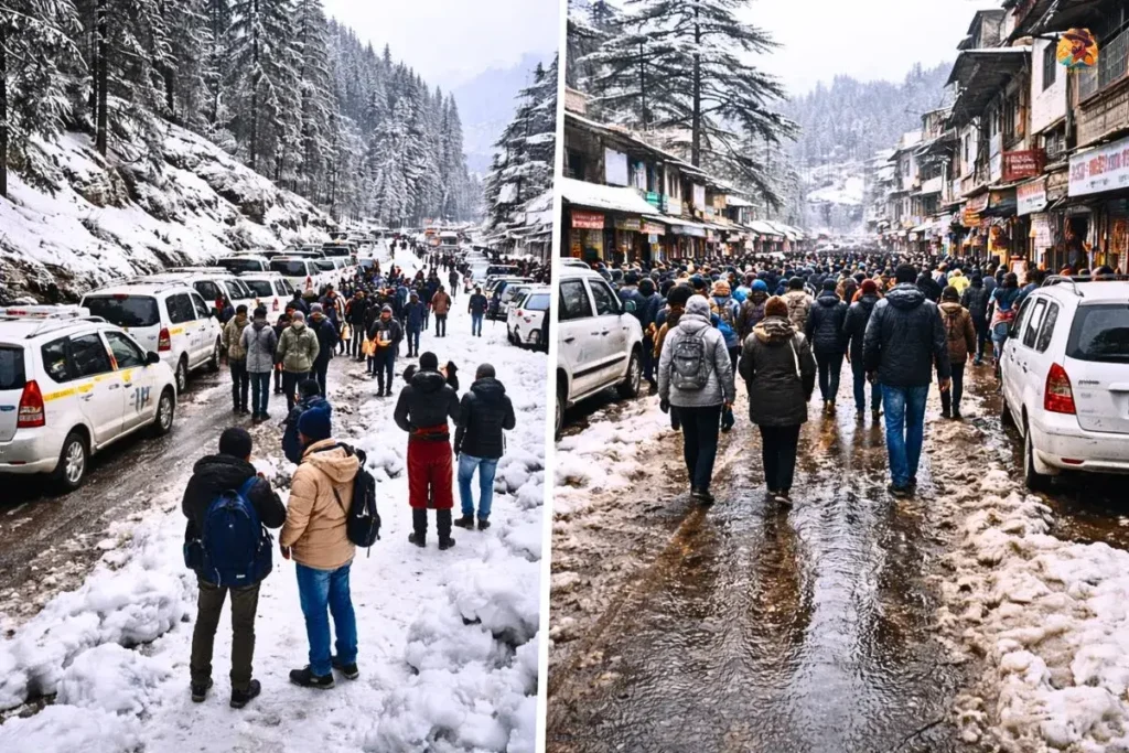 Snowfall reality in Manali vs Shimla showing crowd impact and snow retention