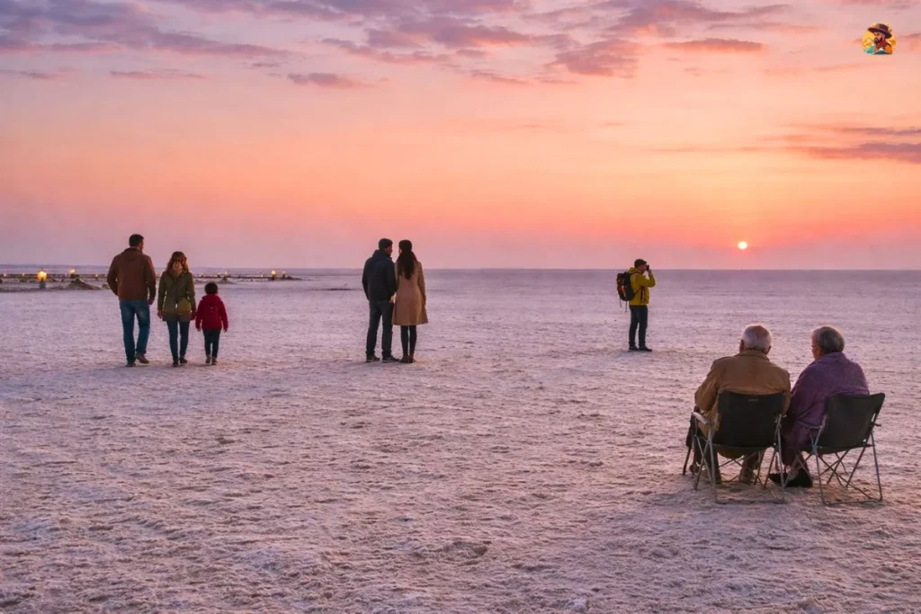 Who should visit Rann of Kutch showing families, couples, solo travelers, and older visitors in a calm desert setting