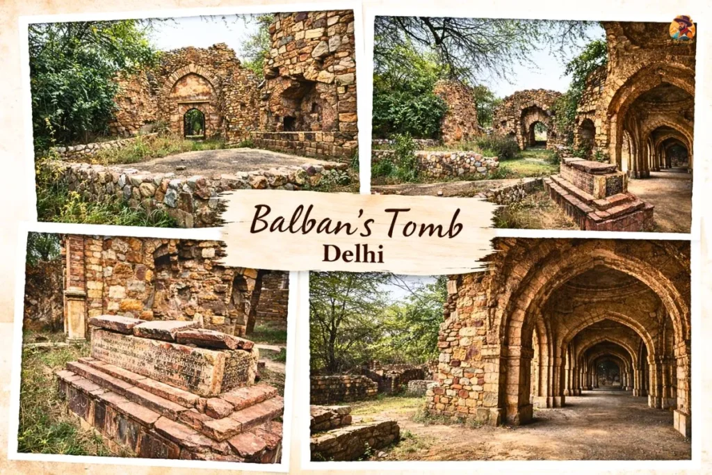 Balban’s Tomb Delhi collage showing ruins, arch gateway, interior corridor and grave inside Mehrauli Archaeological Park