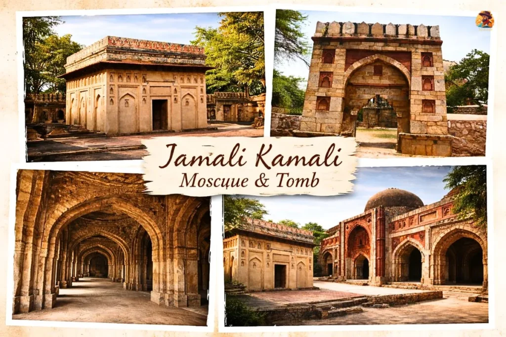 Jamali Kamali Mosque and Tomb collage image in Mehrauli Archaeological Park Delhi showing tomb exterior, mosque arches, entrance gate and interior corridor