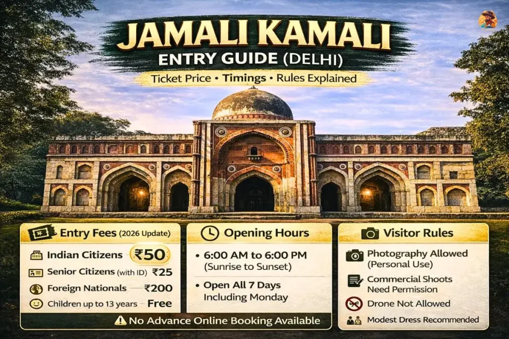 Jamali Kamali ticket price, timings and entry details infographic Delhi