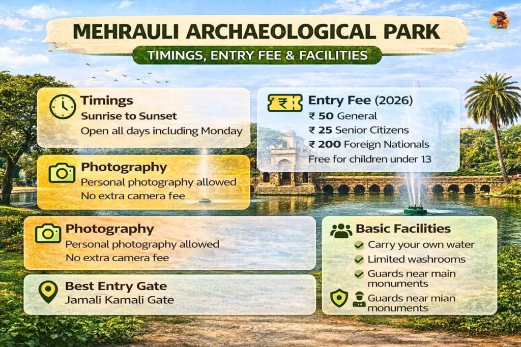 Mehrauli Archaeological Park timings, entry fee and facilities infographic 2026