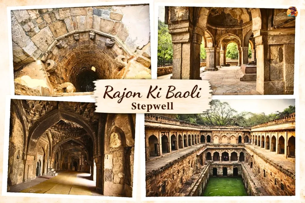 Rajon Ki Baoli Stepwell collage image in Mehrauli Archaeological Park Delhi showing well shaft, arched corridors, interior mosque and multi level stepwell view