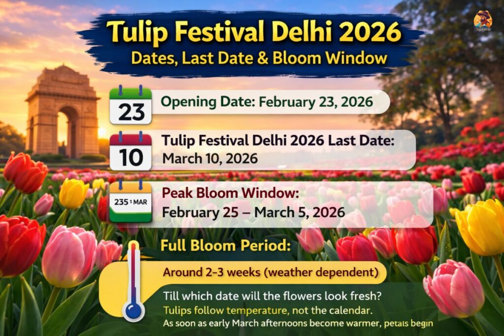 Tulip Festival Delhi 2026 dates and peak bloom infographic.
