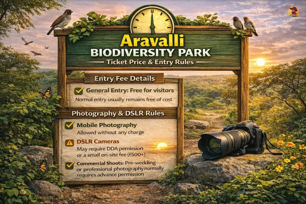 Aravalli Biodiversity Park ticket price and entry rules infographic
