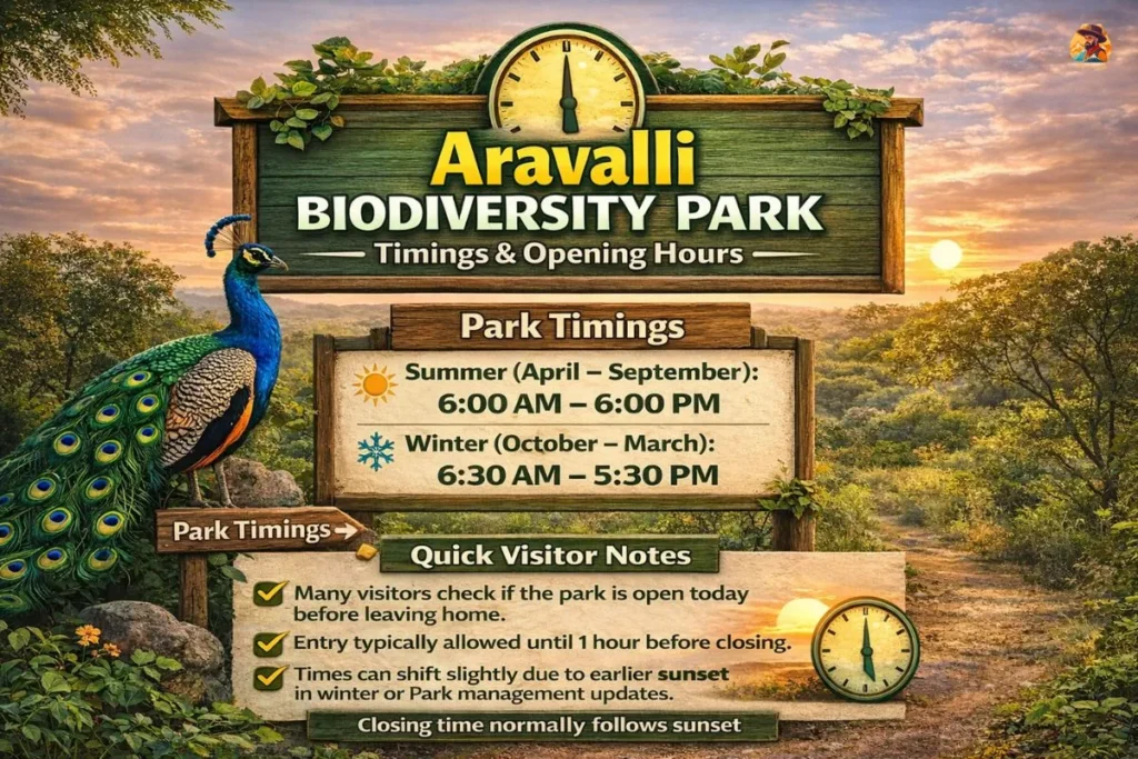 Aravalli Biodiversity Park Delhi timings and opening hours infographic