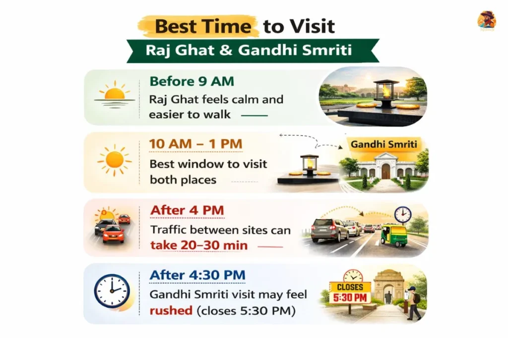 Best time to visit Raj Ghat and Gandhi Smriti Delhi infographic