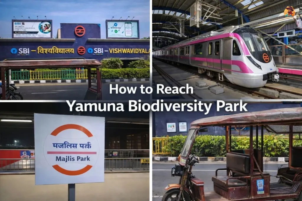 Vishwavidyalaya and Majlis Park metro stations with Delhi Metro train and e rickshaw showing how to reach Yamuna Biodiversity Park Delhi