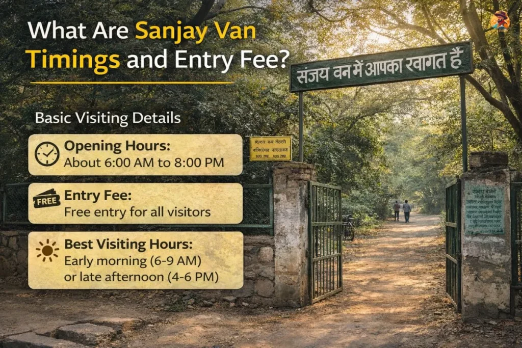 Sanjay Van timings and entry fee image showing the main entrance gate in Delhi