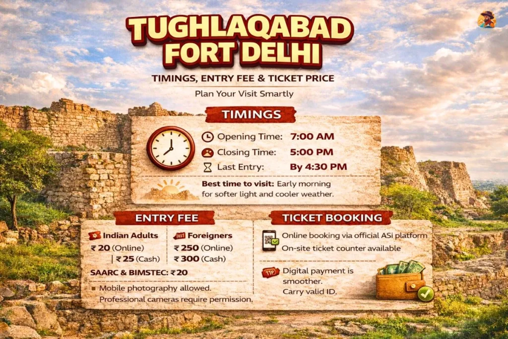 Tughlaqabad Fort Delhi timings and entry fee infographic