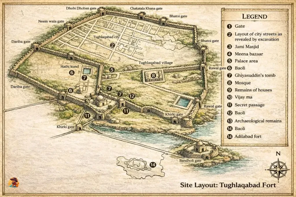 Tughlaqabad Fort layout map with numbered gates and key monuments in Delhi