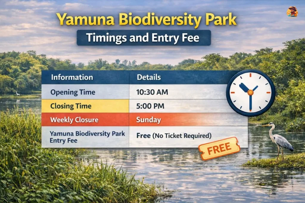 Yamuna Biodiversity Park Delhi timings and entry fee information