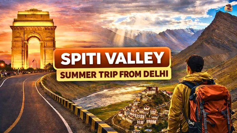 Traveler on road from Delhi to Spiti Valley with mountains and monastery view