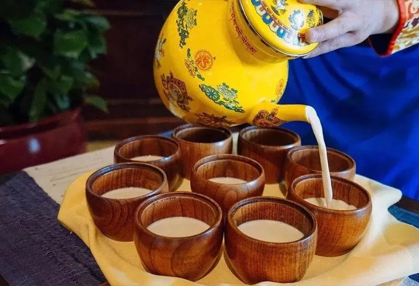 Traditional Tibetan butter tea served in a wooden cup